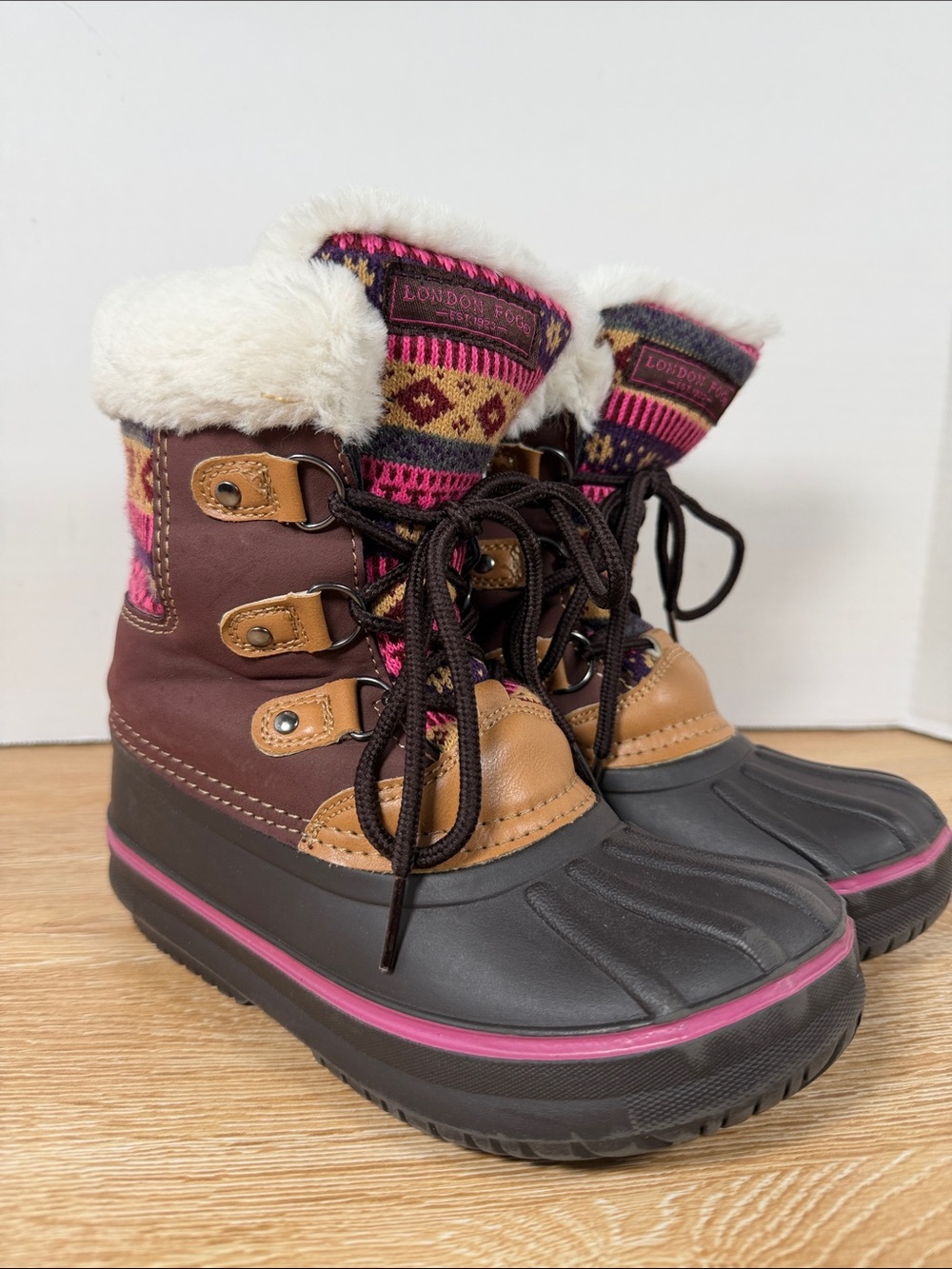 London Fog Brown & Pink kid’s Insulated boots